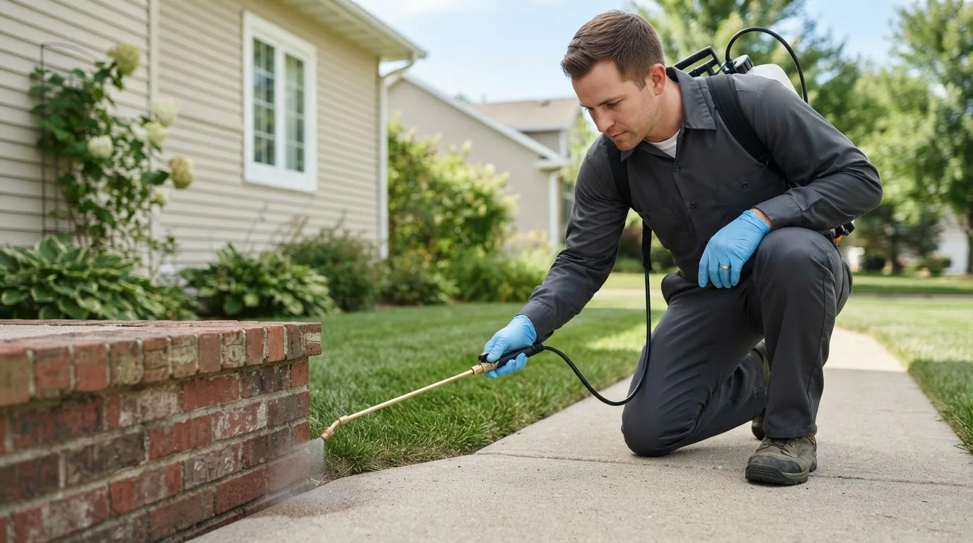 Pest control technician treating a home near Buford, WY